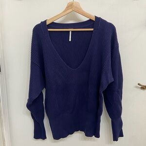 Free People V-neck Off the Shoulder Deep Blue Women's Sweater